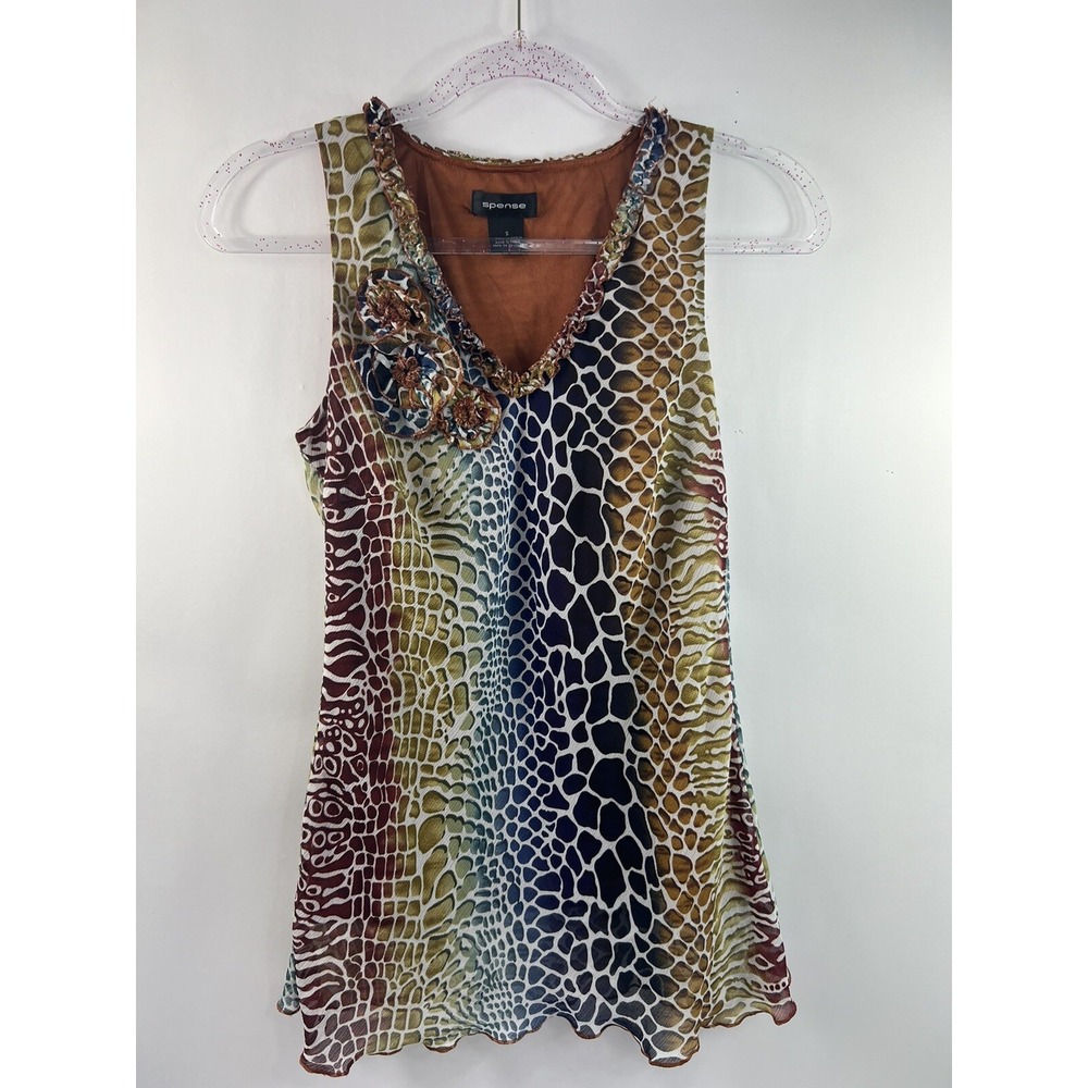 Spense Blouse Women's‎ Sz S Multi Ruffled V-Neck Rosettes Lined Sleeveless